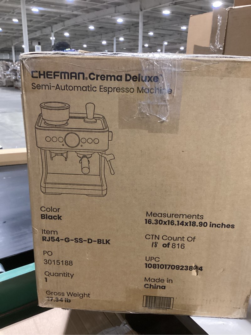 Condition photo showing Good Condition for Chefman Crema Deluxe Espresso Machine with Double Boiler, Use Milk Frother and Brew Espresso Simultaneously, Professional Coffee Maker with Coffee Grinder and Steam Wand, 30 Grind Settings