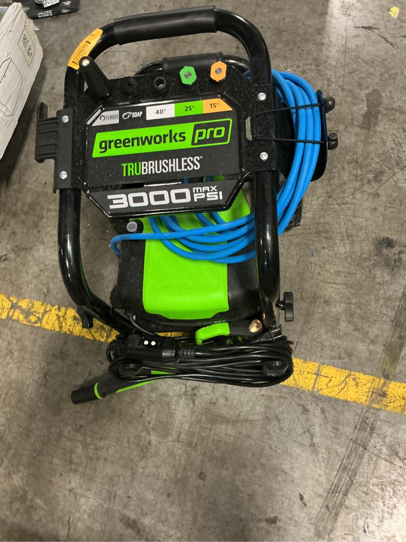 Condition photo showing As Is for greenworks brushless 3000 psi 2.0 gpm max/ 1.1 gpm electric pressure washer