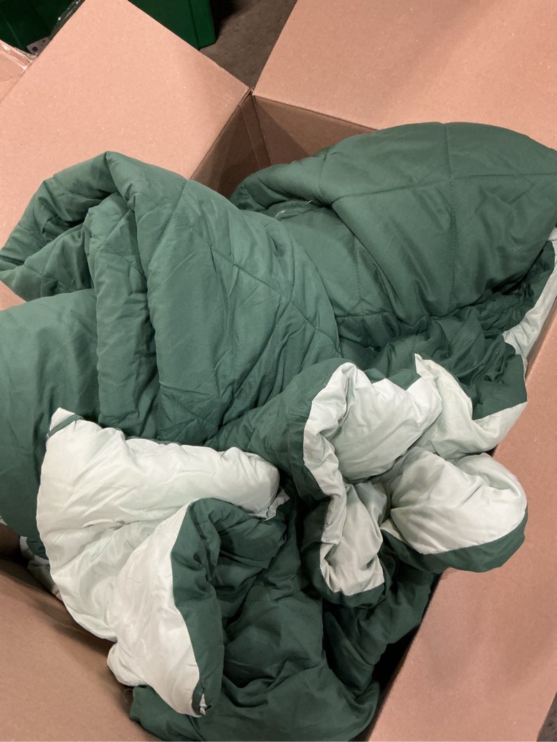 Condition photo showing As Is for 1pc green king size bedding comforter set duvet insert blanket | all season use, reversible, lightweight, box stitched, 4 corner tabs, breathable, soft, machine washable green/light green king 1 comforter