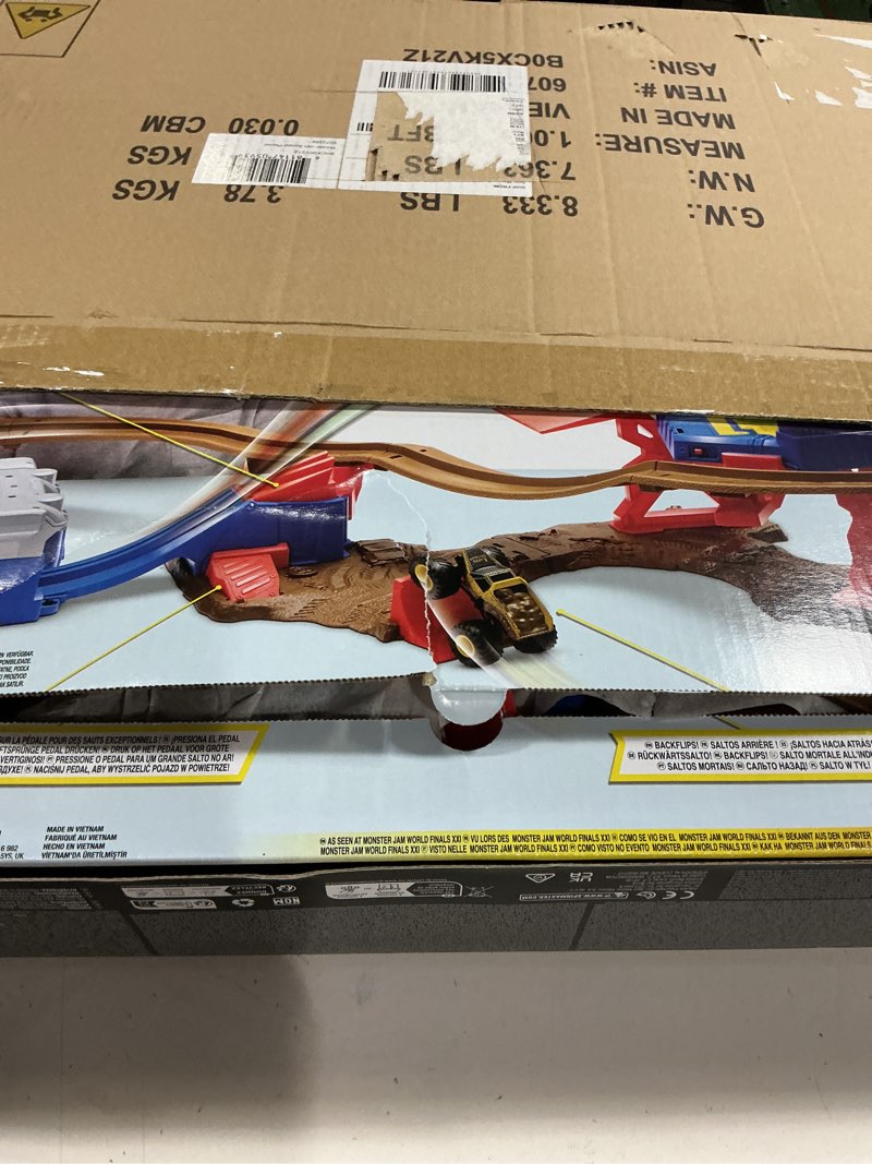 Condition photo showing Good Condition for Monster Jam, Supercharge Speedway Playset, Megalodon and El Toro Loco Die-Cast Monster Trucks, Light Up World Finals Track Kids Toys for Boys Ages 3 and Up