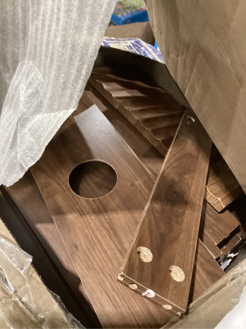 Condition photo showing New/Like New for fluted nightstand, wooden night stand with charging station and led light, modern mid century end table with drawer, 15" d x 15.7" w x 22.6" h, for bedroom, walnut 1 walnut