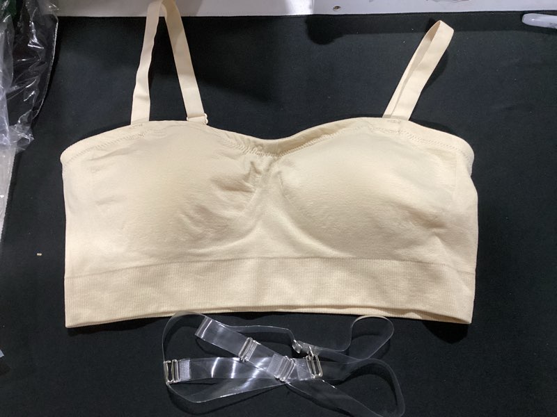 Condition photo showing Good Condition for deangelmon strapless bras for women wireless push up non-slip bandeau bra seamless clear straps tubetop padded bralette beige large