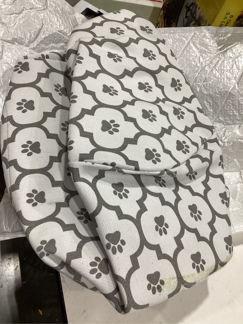 Condition photo showing As Is for bone dry pet storage collection lattice paw print, medium round, white/gray