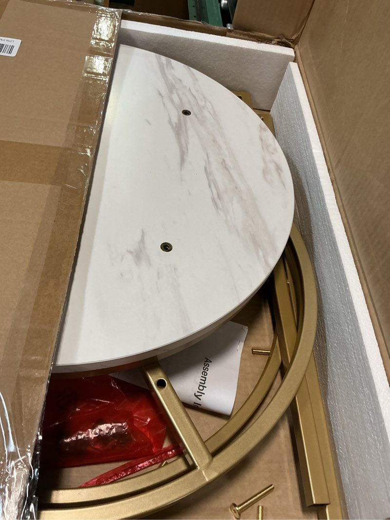 Condition photo showing As Is for little tree 20” round end table?modern sofa side table with gold o-shaped base, faux marble white cocktail table accent table nightstand for living room bedroom, 2pcs faux marble white+gold