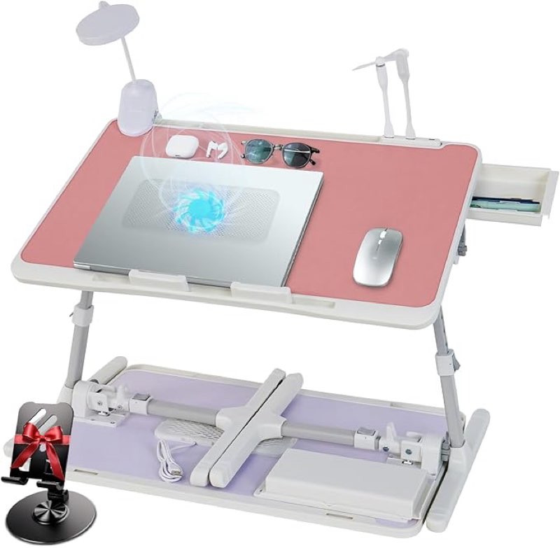 iXTRA Laptop Lap Desk Include Cooling Fan,Adjustable Lap Desk with Light Fan,Folding Laptop Desk for Bed with USB,Bed Desk with Storage Drawer 56x32cm,Pink