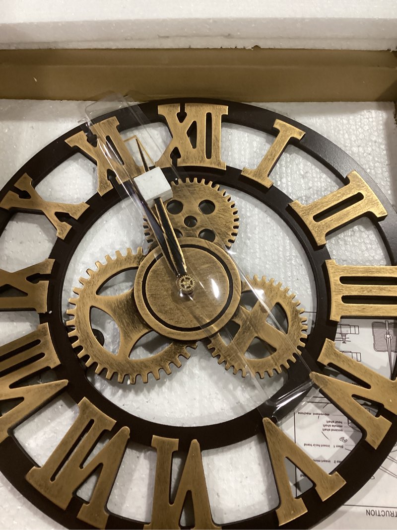 Condition photo showing Good Condition for Timelike Large 3D Retro Wall Clock, Silent Non-Ticking Wooden Gear Wall Clock Rustic Vintage Quartz Clocks for Home Living Room Decoration (Bronze-Roman Numbers, 18 Inch)
