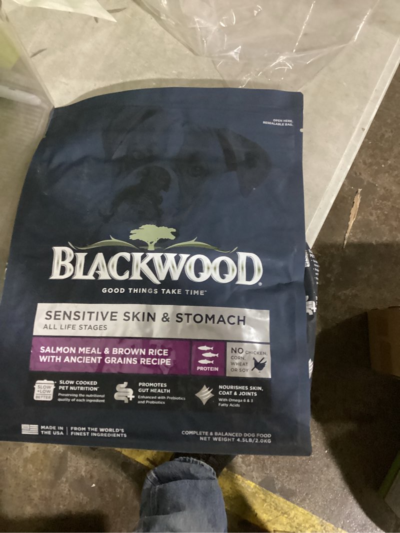 Condition photo showing Good Condition for Blackwood Sensitive Skin & Stomach Dry Dog Food, Salmon Meal & Brown Rice with Ancient Grains, 4.5 Pound Bag with Prebiotics & Probiotics to Promote Gut Health Salmon Meal & Brown Rice with Ancient Grains 4.5 Pound (Pack of 1)