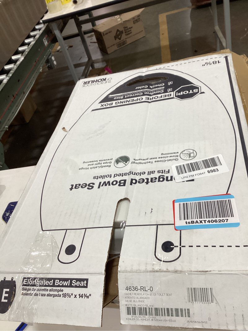 Condition photo showing As Is for KOHLER 4636-RL-0 Cachet ReadyLatch Elongated Toilet Seat Slow Close, Soft Close Toilet Seat Quiet Lid, Contoured Grip-Tight Bumpers Installation Hardware, Apartment Essentials, White White Elongated Ready Latch