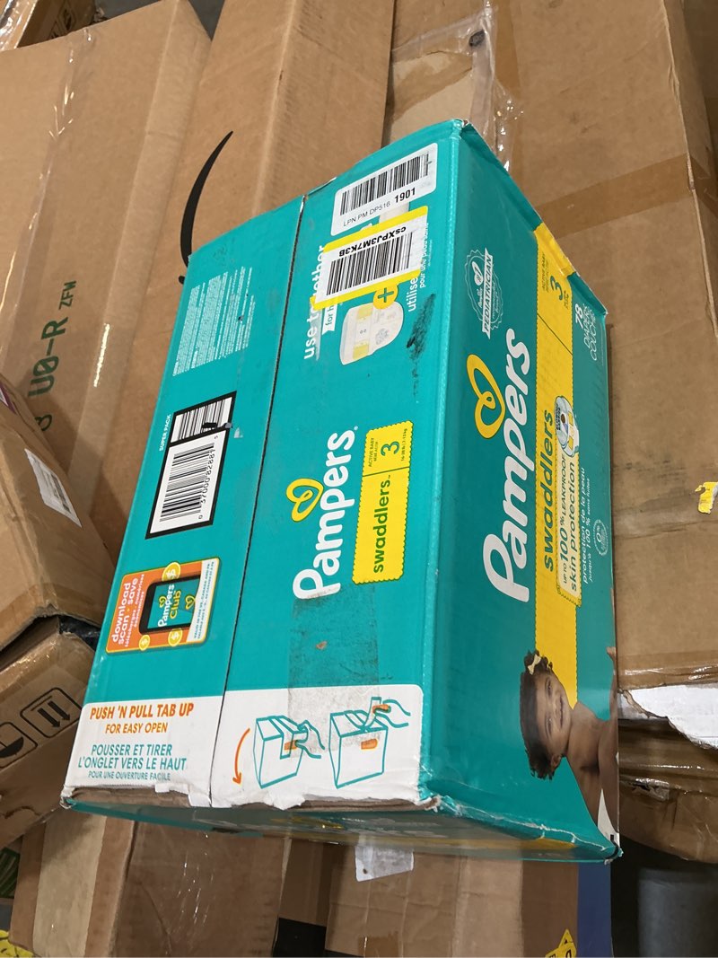 Condition photo showing New/Like New for pampers swaddlers diapers, size 3 (13-26 lbs), 78 count, absorbent, keeps baby dry and comfortable, skin safe disposable baby diaper size 3 78