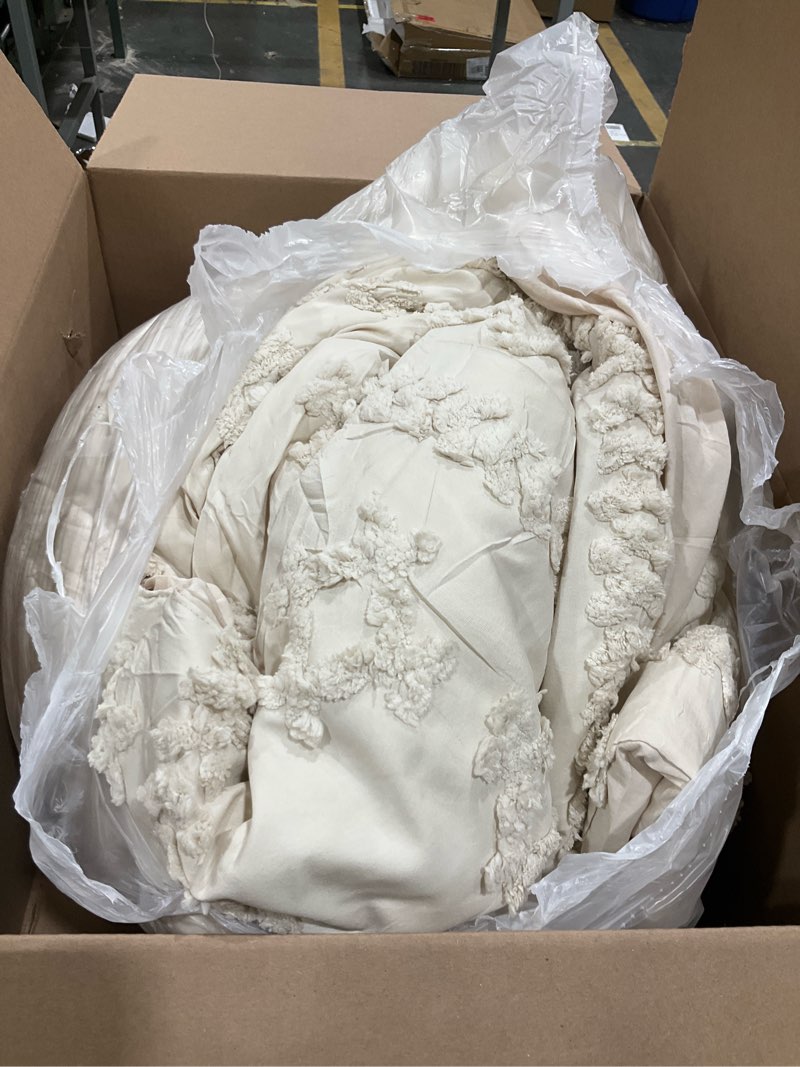 Condition photo showing As Is for Bedsure Tufted Boho Comforter Set King Size - Beige Boho Bed Set, GentleSoft™ 3 Pieces Farmhouse Shabby Chic Embroidery Bedding, Gifts for Woman, Soft Jacquard King Comforter for All Seasons King 01 - Beige - Elegant