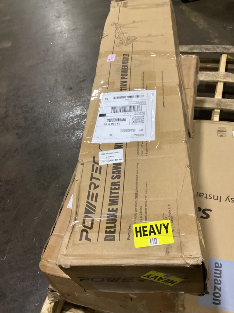 Condition photo showing As Is for powertec portable miter saw stand w/ quick-release mounting brackets, 330lbs load capacity, 8" wheels and 3-prong tripple outlets, folding design for easy storage in garage - orange (mt4000v) 1pk portable miter saw stand w/ outlet