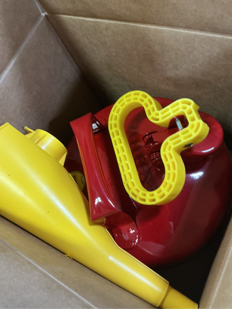 Condition photo showing As Is for eagle 1 gallon type i red safety gas can for gasoline with flame arrester, self-closing lid, and f-15 funnel, made in the usa, galvanized steel flammable storage can, ui10fs red 1 gallon with funnel