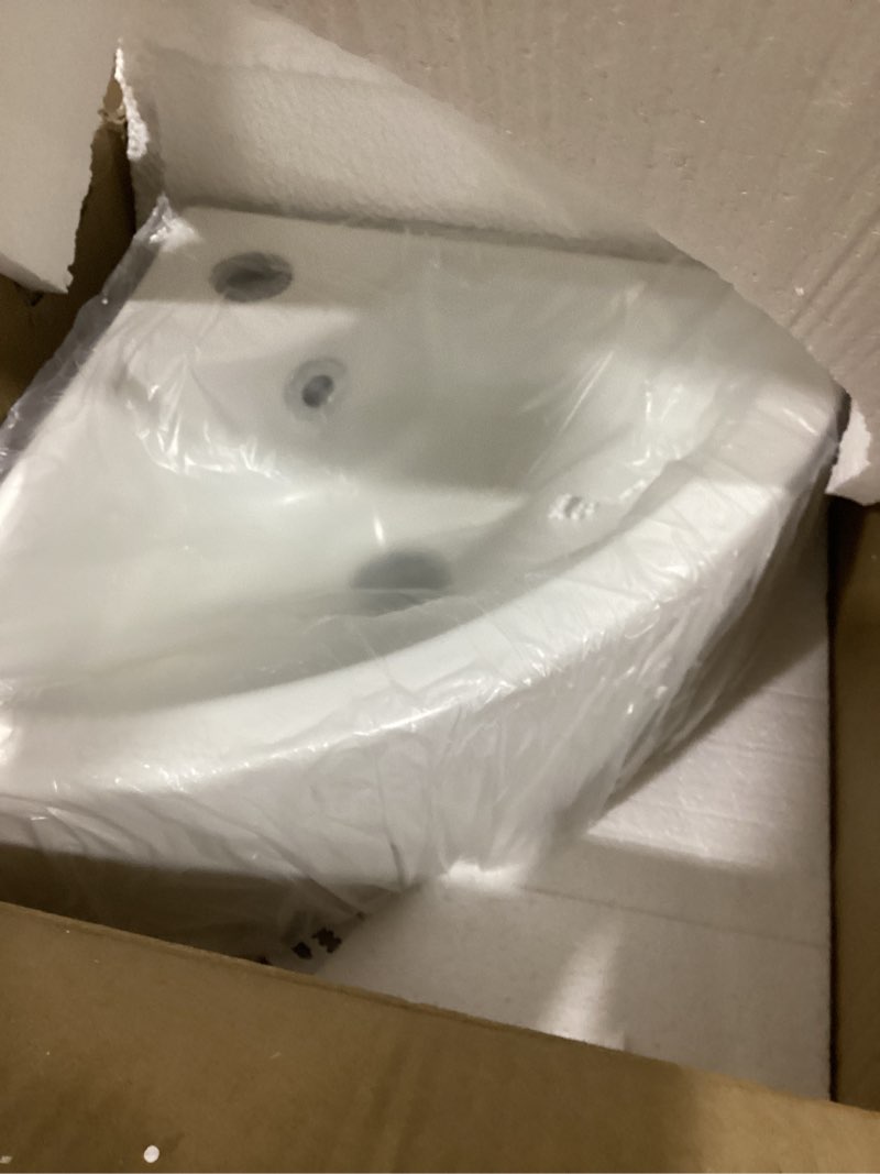 Condition photo showing As Is for wall mount corner bathroom sink, qishka 13" x 13" triangle floating ceramic wash hand basin small white wall mount vanity sink with single faucet hole and overflow white 13" x 13" x 5.1"