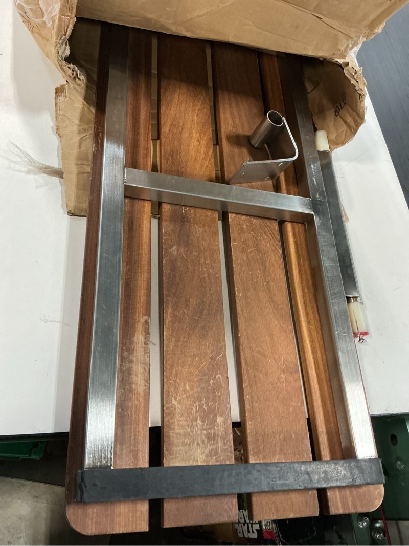 Condition photo showing As Is for Catalina 29" x 16.5" Side Wall-Mount Folding Natural Teak Wood Tub Seat with 3" Slats and #304 Satin Stainless Steel Frame