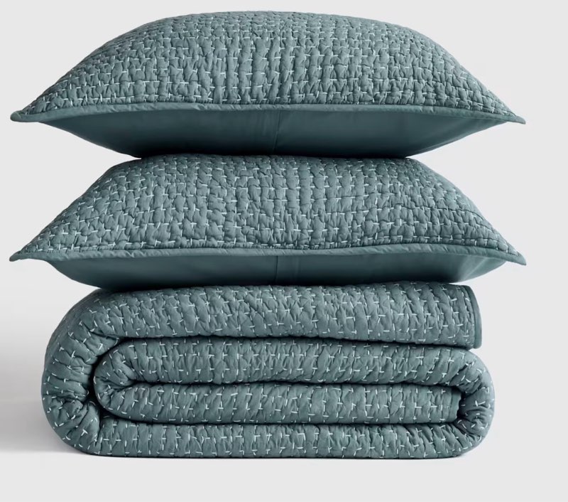 quince organic cotton hand stitched quilt set color ocea full/queen