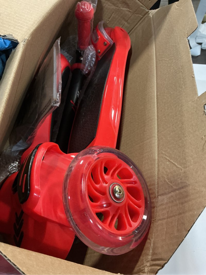 Condition photo showing As Is for hurtle 3-wheeled scooter for kids - wheel led lights, adjustable lean-to-steer handlebar, and foldable seat - sit or stand ride with brake for boys and girls ages 1-14 years old red