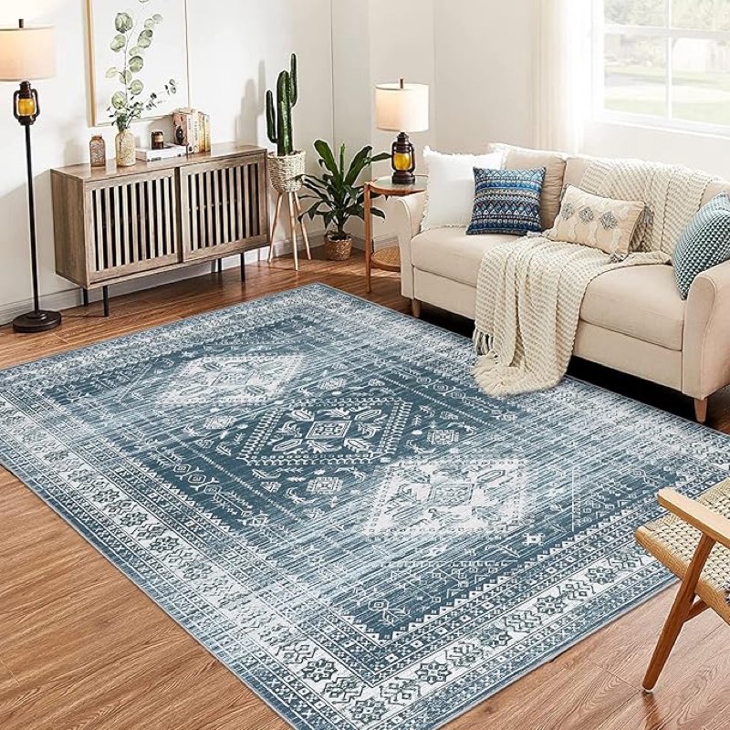 9x12 Area Rugs, Washable Vintage Rug, Non-Slip Low Pile Throw Soft Rugs with Rubber Backing, Area Rug Rugs for Living Room,Vintage Rugs Medallion Carpet for Bedroom Dining Room Kitchen .Blue