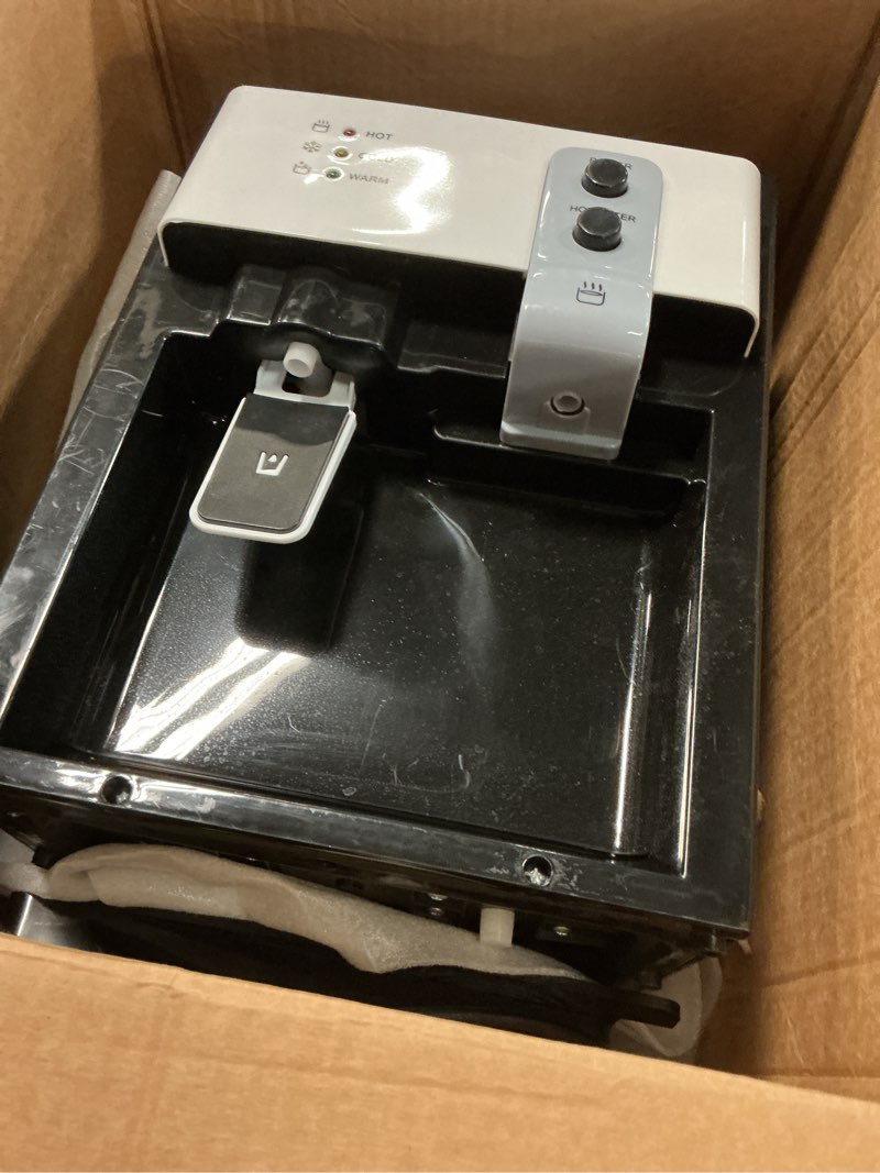 Condition photo showing As Is for top loading water cooler water dispenser countertop water cooler dispenser- hot cold and room temperature water, holds 1.2 to 5 gallon bottles for home/office/dormitory use black&white