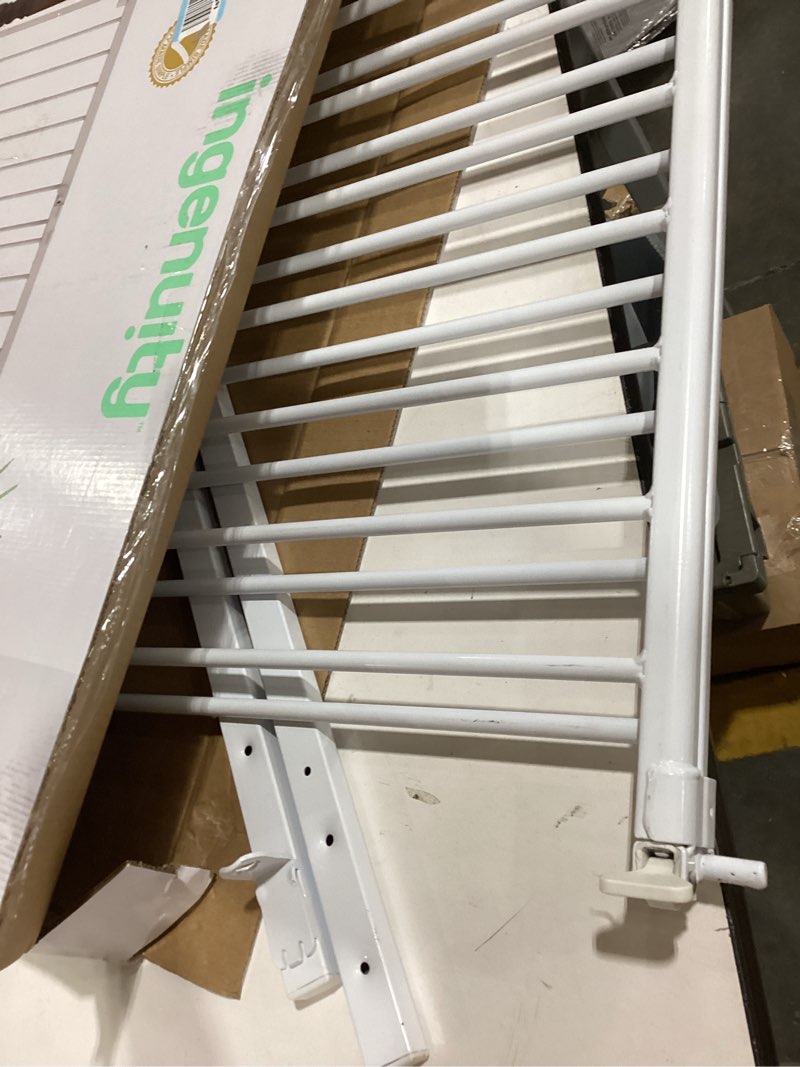 Condition photo showing As Is for ingenuity the stairway+ 46w series, 32"-48" wide, 32.5" tall, baby gate for stairs, dog gate indoor with door for banister to banister installation - white metal