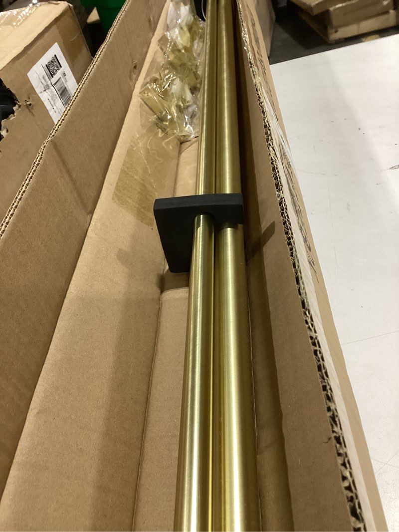 Condition photo showing Good Condition for double curtain rods with aluminum end cap and full surround brackets,1"front and 5/8" back rod,adjustable between 72 to 144 inches (6-12 feet), brass double window drapery rod 72-144" brass