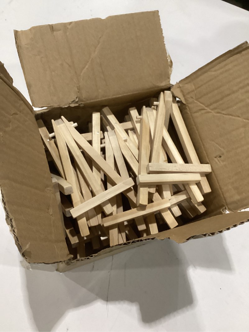Condition photo showing As Is for 24 pcs 5 inch mini wood display easel, small wooden easel stand art craft painting triangle stand canvas holder for card artist photos tabletop