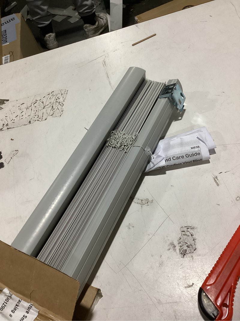 Condition photo showing As Is for lazblinds no drill blinds for indoor windows, cordless 1" vinyl mini blinds, privacy s-curve blinds for windows, room darkening horizontal window blinds and shades for home, 33" w x 64" h, grey grey 33" w × 64" h