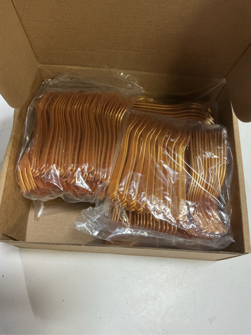 Condition photo showing New/Like New for Skylety 500 Pcs Plastic Mini Forks 3.7 x 0.6 Inch Tiny Small Disposable Appetizer Cocktail Tasting Forks Utensils for Fruit Dessert Cakes Serving Supply(Gold)