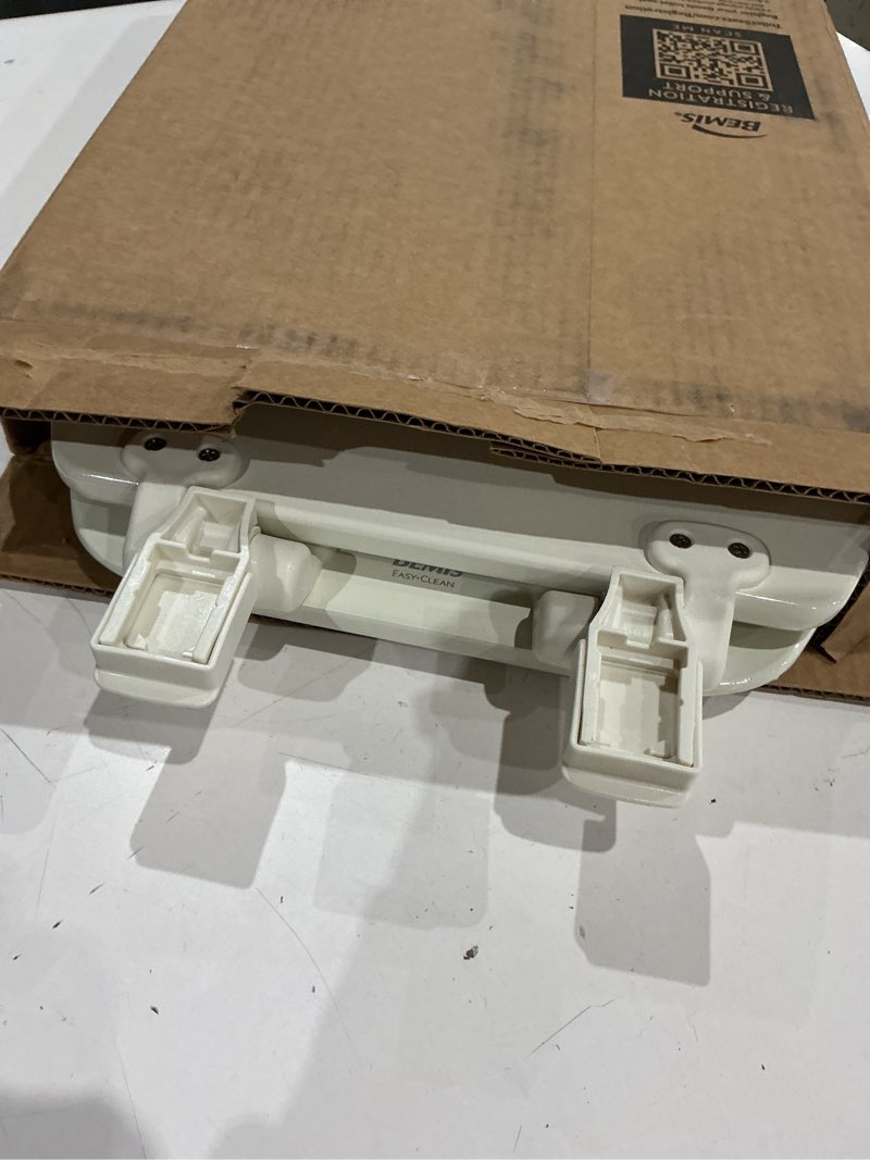 Condition photo showing As Is for bemis ashland modern wood toilet seat with decorative edge, slow close, secure hinges, made in usa, round, biscuit round biscuit