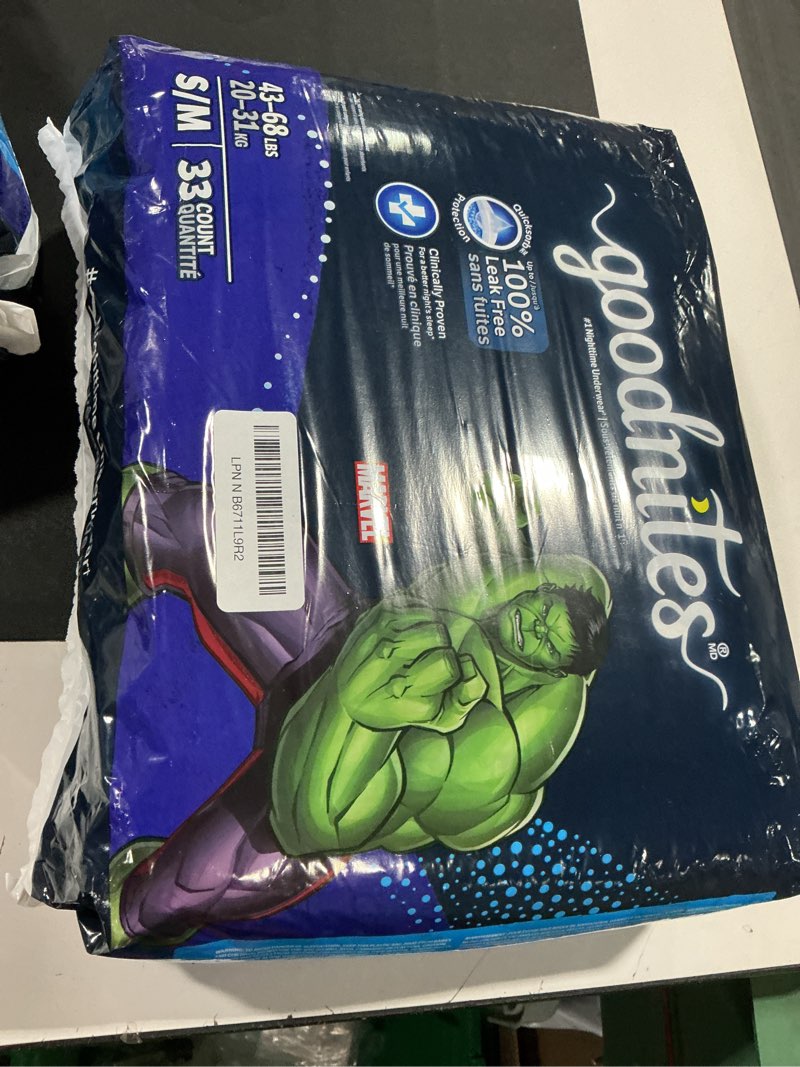 Condition photo showing Good Condition for goodnites boys' bedwetting underwear, size s/m (43-68 lbs), 33 ct ( pack of 33), packaging may vary small/medium
