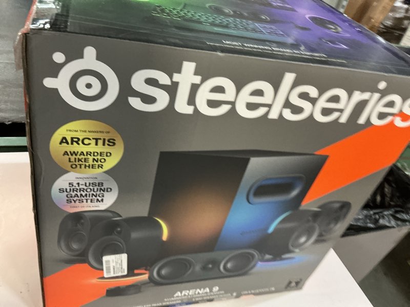 Condition photo showing New/Like New for steelseries arena 9 illuminated 5.1 desktop gaming speakers – 5.1 usb surround sound – wireless rear speakers – 2-way speaker design – subwoofer – rgb light, bluetooth – pc, playstation, mobile, mac