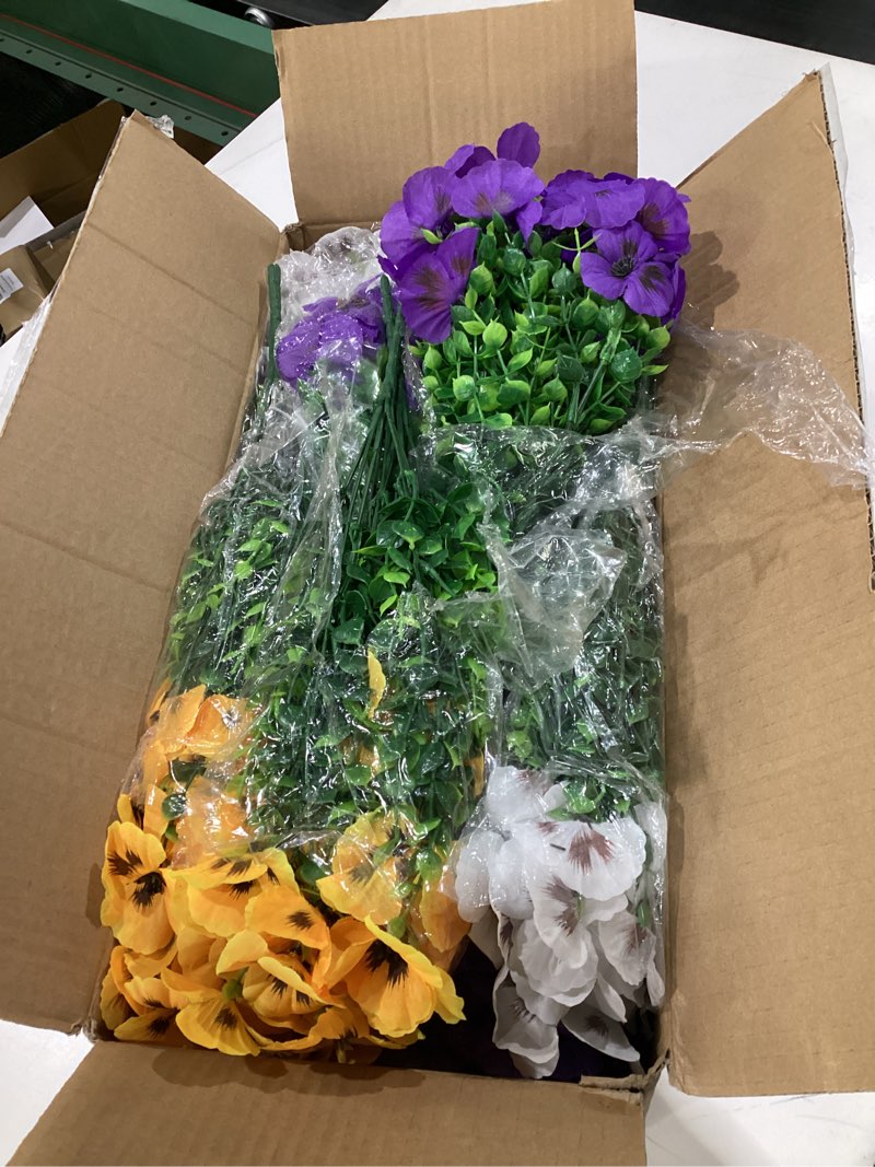 Condition photo showing Good Condition for 36 Pcs Artificial Fake Pansy Flowers for Outdoor, Faux Silk Pansies Spring Flowers for Outside for Planter Front Door Porch Yard Patio Window Box Home Decor (36, Purple, Yellow, White) Purple, Yellow, White 36