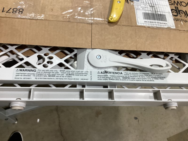 Condition photo showing As Is for mypet north states paws portable pet gate: 26-40" wide. pressure mount. no tools needed. made in usa. dog gate 23" tall, expandable, durable dog gates for doorways, light gray