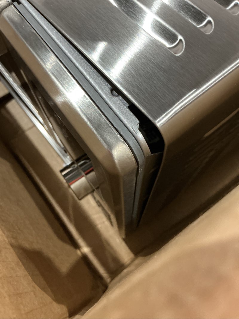 Condition photo showing As Is for (cracked)nuwave bravo air fryer toaster smart oven, 12-in-1 countertop convection, 30-qt xl capacity, 50°-500°f temperature controls, top and bottom heater adjustments 0%-100%, brushed stainless steel look