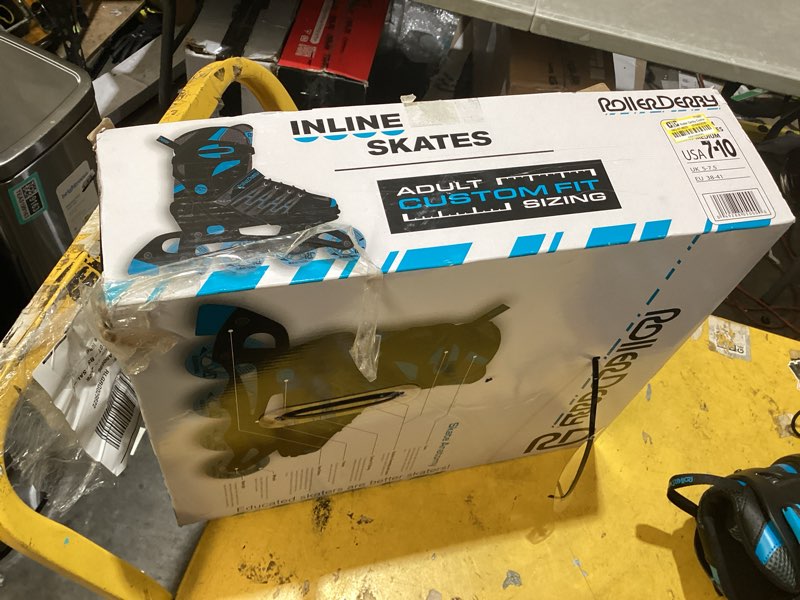 Condition photo showing As Is for roller derby custom adult in-fit skates - blue/black 7-10