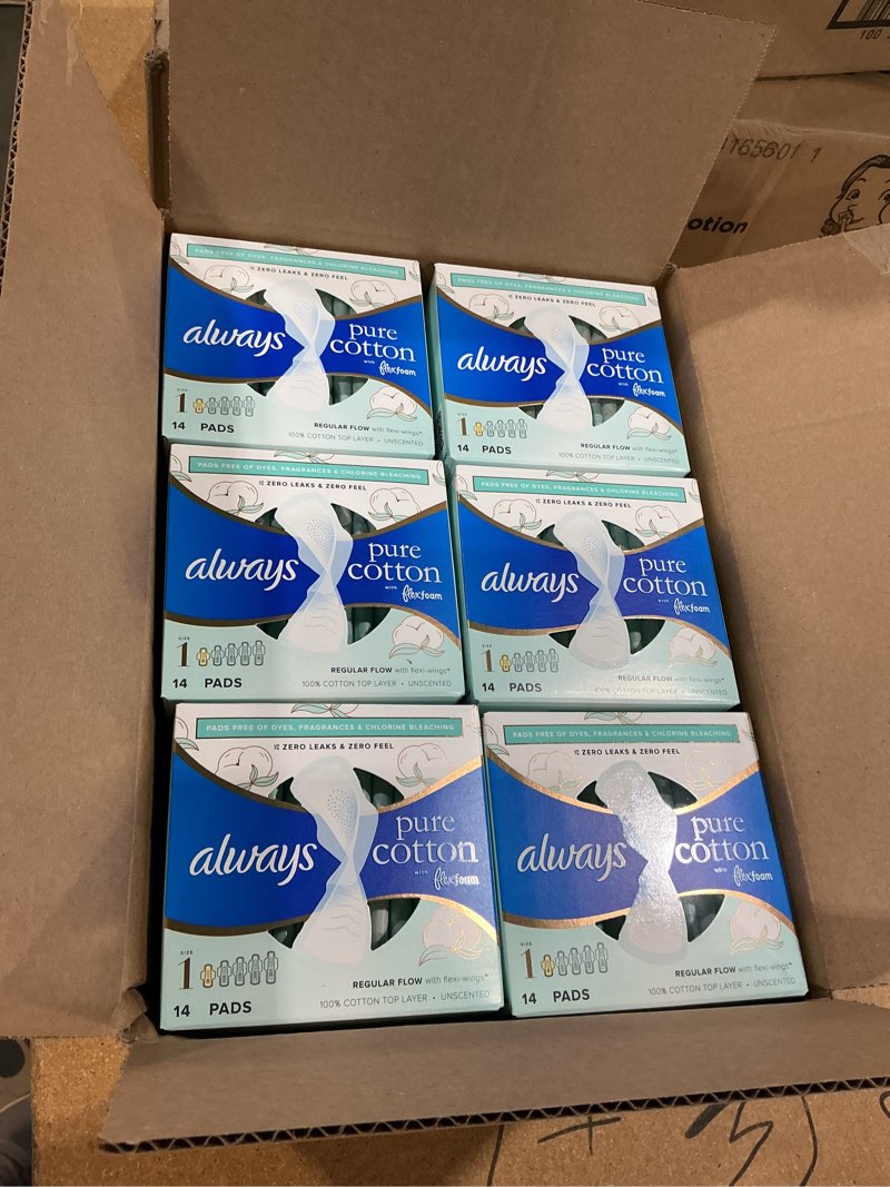 Condition photo showing Good Condition for always pure cotton feminine pads for women, flexfoam pads with wings, size 1, regular absorbency, unscented, 84 count (3 packs of 28) regular (size 1)