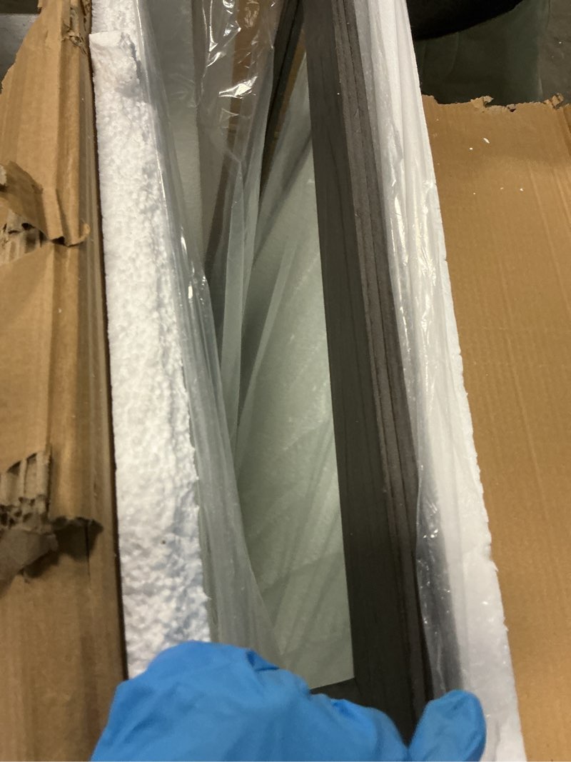 Condition photo showing New/Like New for COGOOD Farmhouse Bathroom Mirror - 45 x 30 Rustic Wood Framed Wall Barn Door Mirror for Entryway, Living Room, Entryway Wall Decor (Grey) Grey 45"L x 30"W