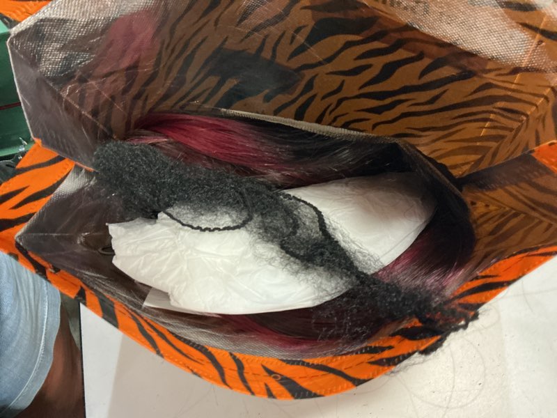 Condition photo showing As Is for brownbomb burgundy pink highlights face framing layered wig pre-cut pre-plucked hairline pre-colored pre-styled synthetic lace wig ready to wear 26inch wig for beginners 26 burgundy pink highlights