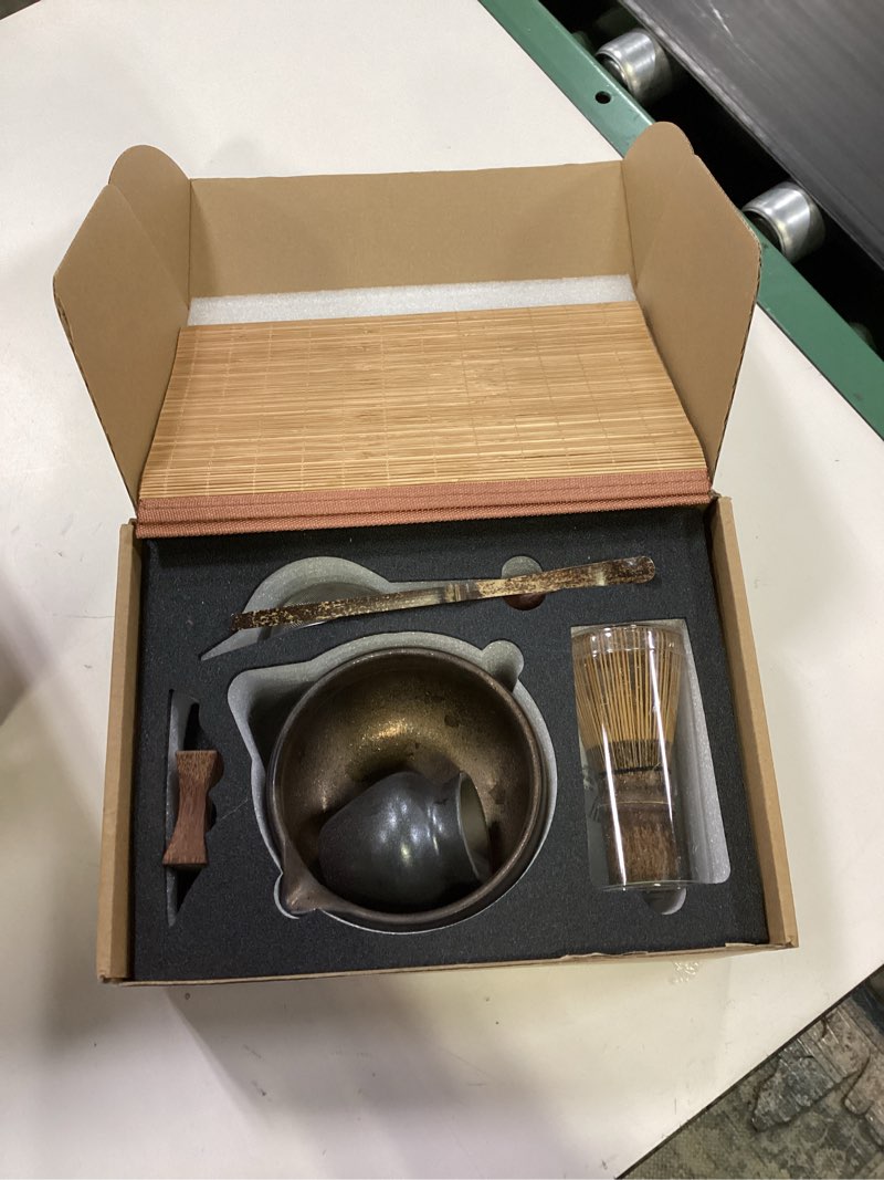 Condition photo showing Good Condition for Matcha Whisk Set, 7-Piece Gilded Matcha Set with Ceramic Bowl, Whisk, Wooden Handle Sifter, Large Bamboo Mat and More – Complete Matcha Kit with Gift Box for Matcha Lovers