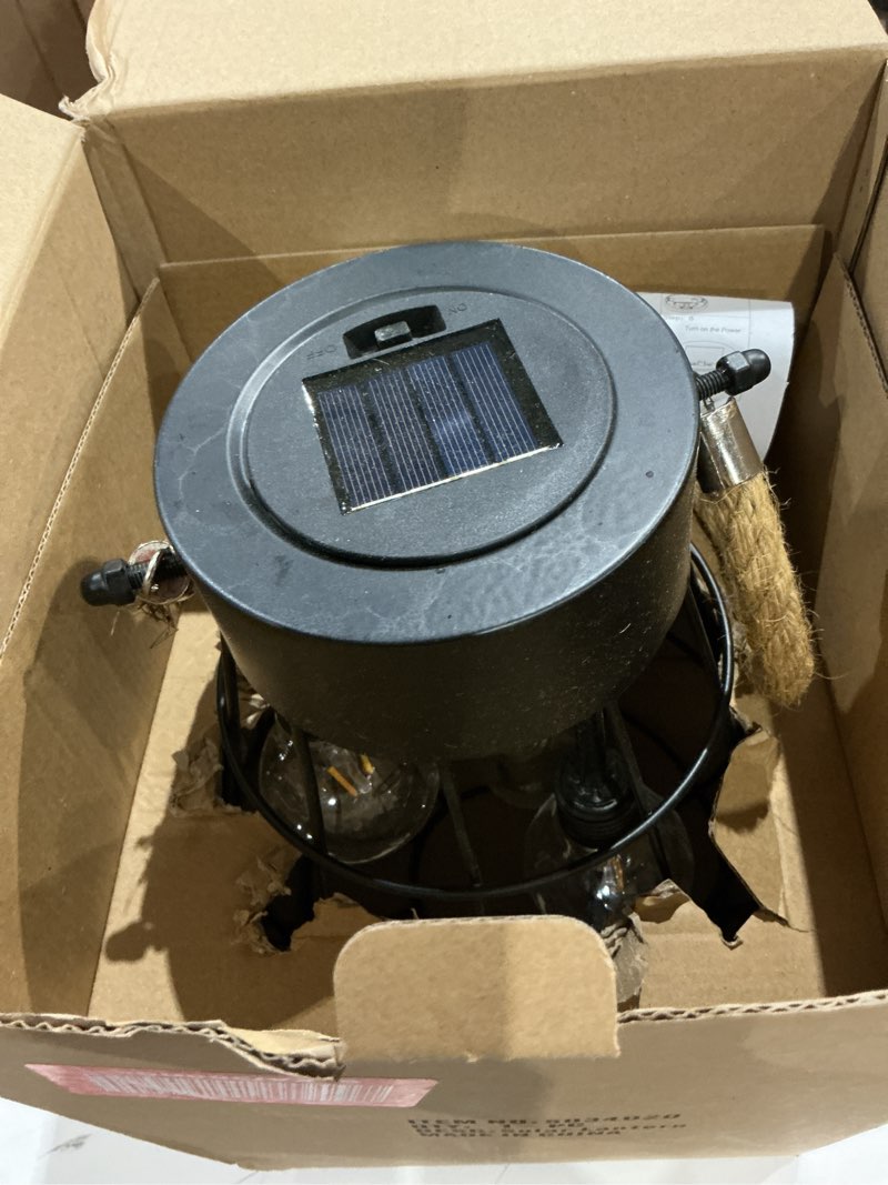 Condition photo showing As Is for solar hanging lantern with rope, vintage industrial pendant light, 12.8" solar powered outdoor lantern, ip65 waterproof garden light, warm white glow, rechargeable for patio, porch, yard decor english