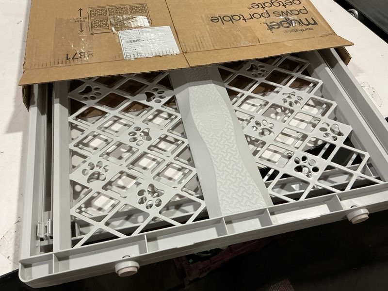 Condition photo showing Good Condition for MYPET North States Paws Portable Pet Gate: 26-40" Wide. Pressure Mount. No Tools Needed. Made in USA. Dog Gate 23" Tall, Expandable, Durable Dog Gates for Doorways, Light Gray