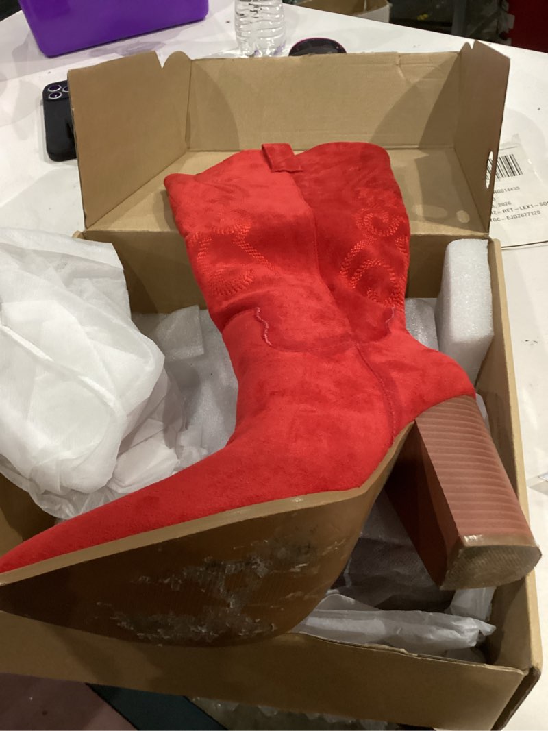 Condition photo showing Good Condition for VOMIRA Knee High Cowboy Boots for Women Pointed Toe Chunky High Heels Pull-on Embroidered Boots Western Boots Wide Calf Cowgirl Boots 6.5 Red Suede