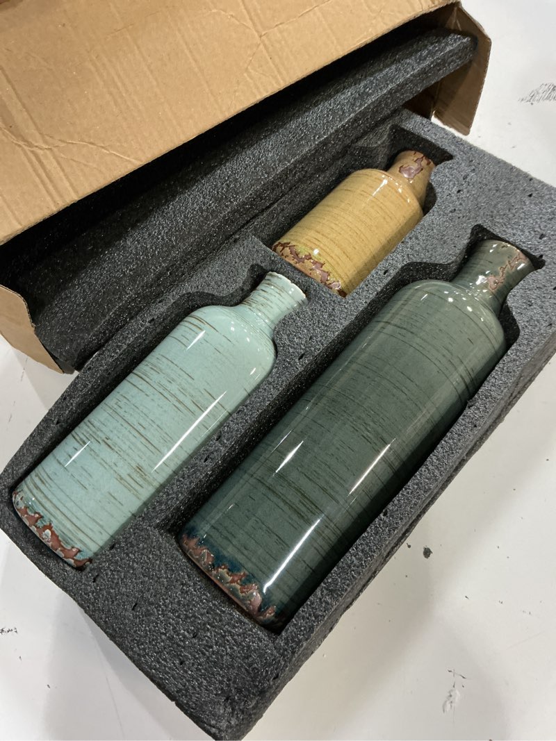 Condition photo showing Good Condition for multicolor ceramic vase set of 3 - coastal rustic farmhouse decor flower vases for shelf, dining room table, fireplace mantel, living room, coffee table, tabletop, kitchen cabinet, entryway decoration blue grey beige