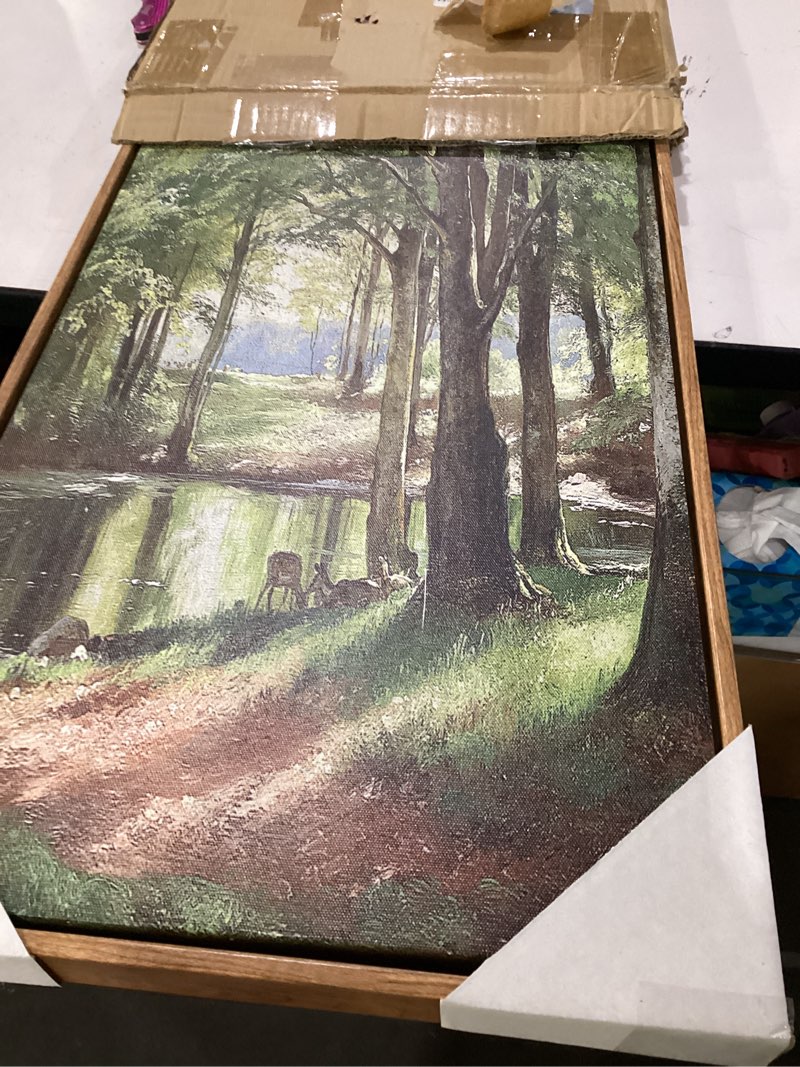 Condition photo showing Good Condition for framed vintage forest deer canvas wall art, rustic nature landscape paintings wall decor, woodland animal pictures prints cottagecore home decor for living room bedroom office 16x24 inch deer framed 24"l x 16"w