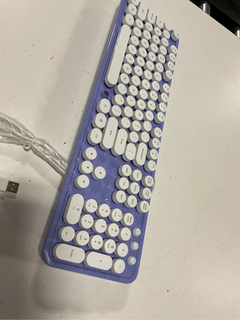 Condition photo showing As Is for ubotie colorful wireless bluetooth keyboard, dual mode (purple-white) | bt and usb receiver retro typewriter round keycaps keyboard support multi devices for pc laptop tablet phone