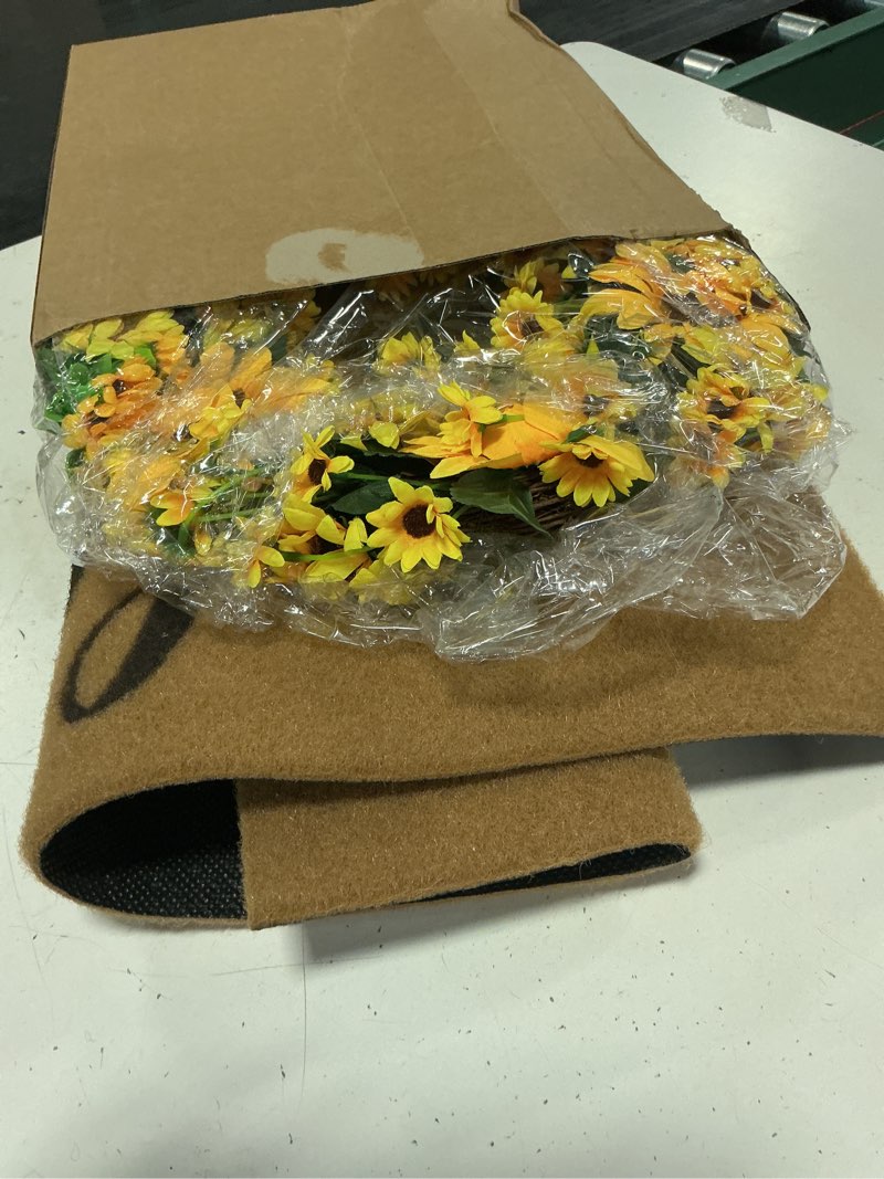 Condition photo showing Good Condition for tingjoo 2 pcs sunflower natural coir doormat fall wreath and door mat 17 x 29 inch sunflower welcome mat and front door wreath for home entryway outdoor patio porch garden