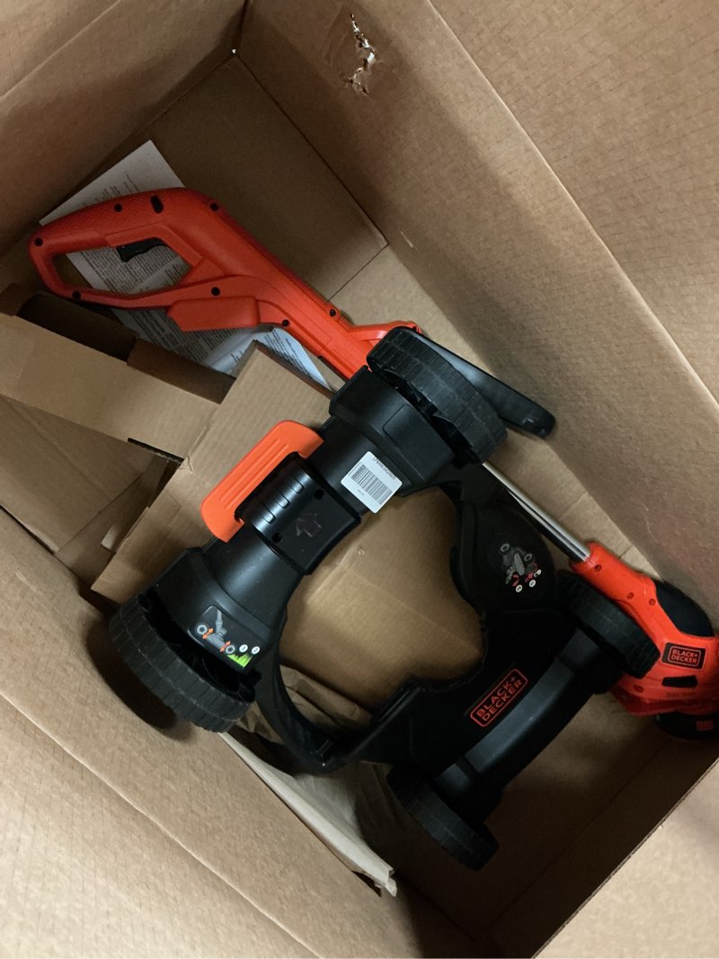 Condition photo showing As Is for black+decker weed eater, lawn edger and cordless lawn mower 3 in 1 combo, includes (2) batteries, charger, 12 inch battery powered string trimmer and lawnmower, adjustable length and height (mtc220) 3-in-1 mower only