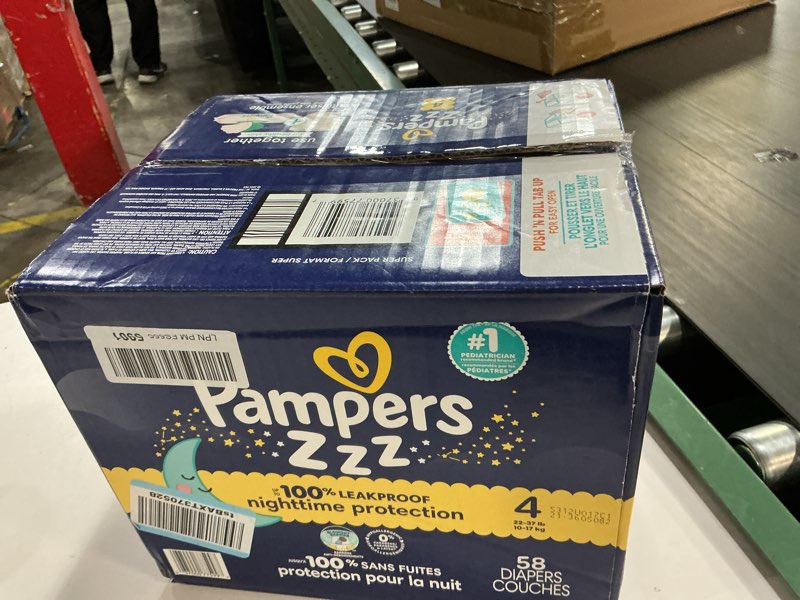 Condition photo showing New/Like New for Pampers ZZZ Overnight Diapers, Size 4 (22-37 lbs), 58 Count, Nighttime Protection Disposable Baby Diaper, Night Time Leak and Skin Protection Size 4 58