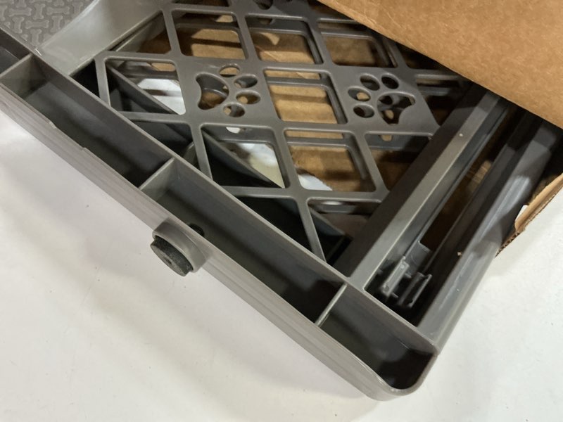 Condition photo showing As Is for MYPET North States Paws Portable Pet Gate: 26-40" Wide. Pressure Mount. No Tools Needed. Made in USA, 23" Tall, Expandable, Durable Dog Gates for Doorways, Fieldstone Gray