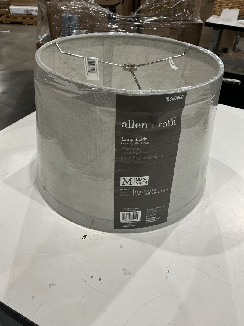 Condition photo showing As Is for allen + roth 9-in x 13-in gray fabric drum lamp shade