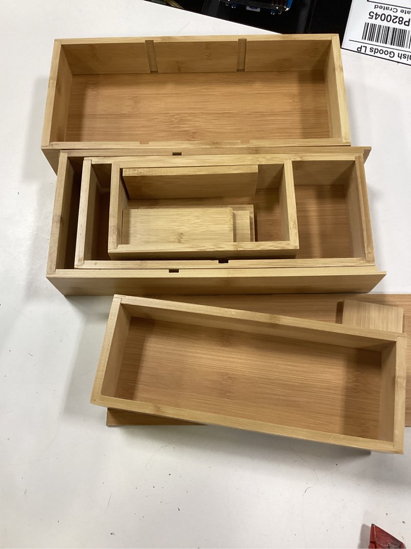 Condition photo showing Good Condition for bamboo drawer organizers set with removable dividers, 5pcs adjustable multi-use wood storage organizers(5-9 grids), desk drawer tray for bathroom, office, dresser, storage box for jewelry, makeup